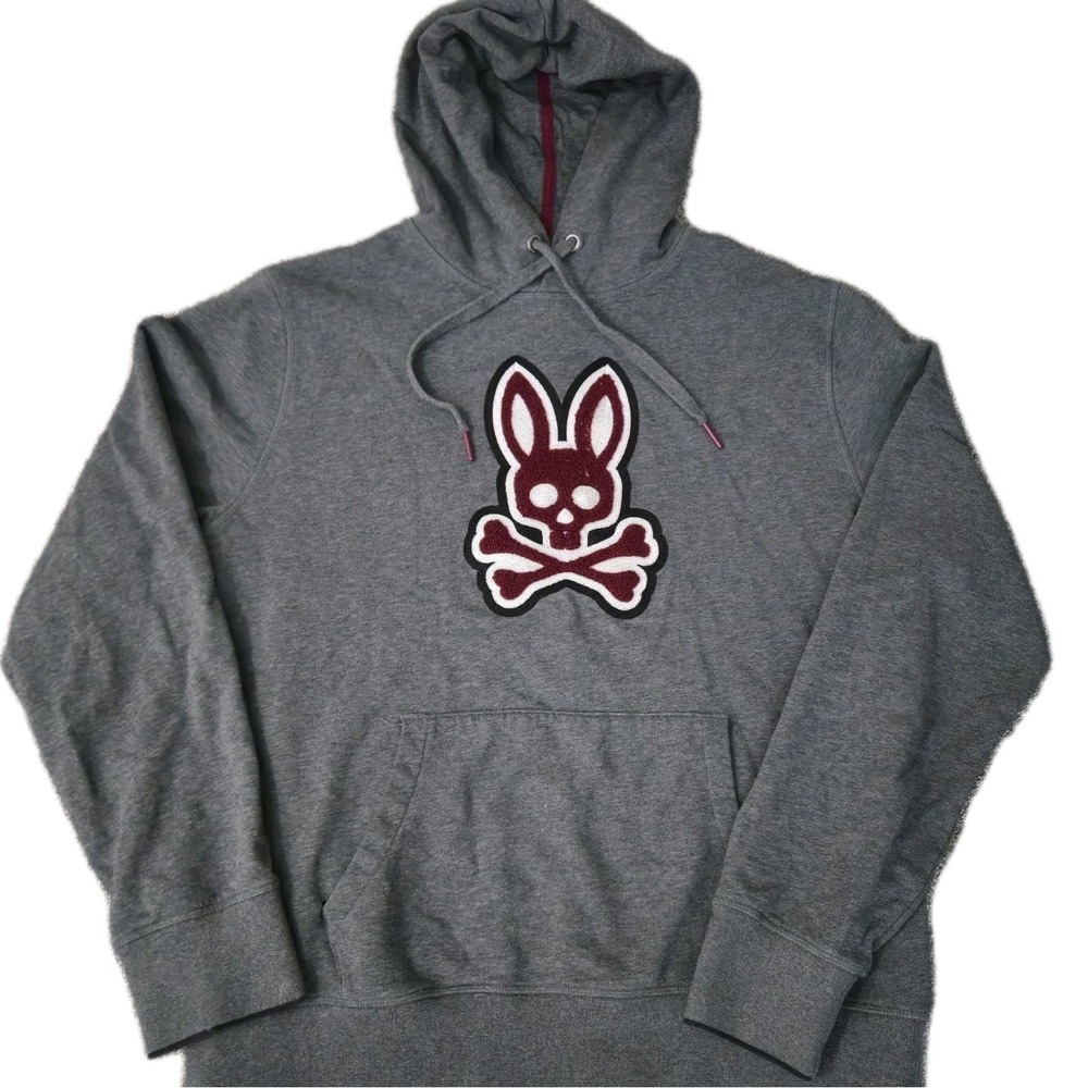Psycho Bunny Hoodie Mens Large Gray Patchin Chenille Logo Patch Sweatshirt